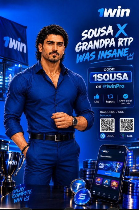 1win promotional advertisement featuring a muscular man in a blue shirt with text 'SOUSA X GRANDPA RTP WAS INSANE', code '1SOUSA' on @1winPro, with crypto/USDC/SOL payment QR codes.