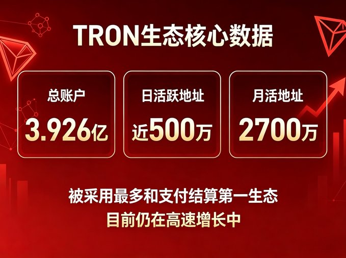 An infographic titled "TRON生态核心数据" (TRON Ecosystem Core Data) highlights key growth metrics, including 392.6 million total accounts, nearly 5 million daily active addresses, and 27 million monthly active addresses. The image supports the claim that TRON is the most adopted ecosystem for payments and settlement, currently experiencing rapid growth.