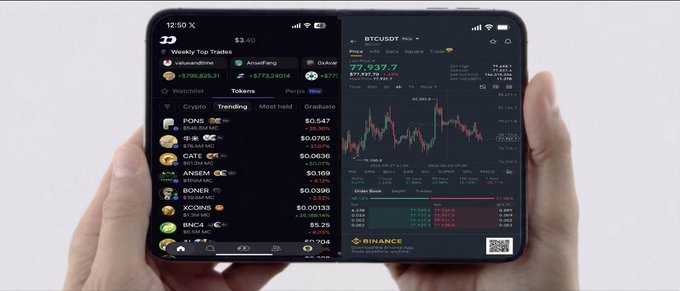 A person holds open a dual-screen foldable device displaying the Binance app, with one screen showing trending crypto tokens like POND, MERL, CATE, ANSEM, BONER, and XCOINS with prices, while the other displays a BTC/USDT perpetual futures chart at $77,997.7. The image humorously visualizes the post's joke about trading leverage and memecoins "in two places simultaneously" by showing a crypto trading interface spanning both screens of the foldable phone.