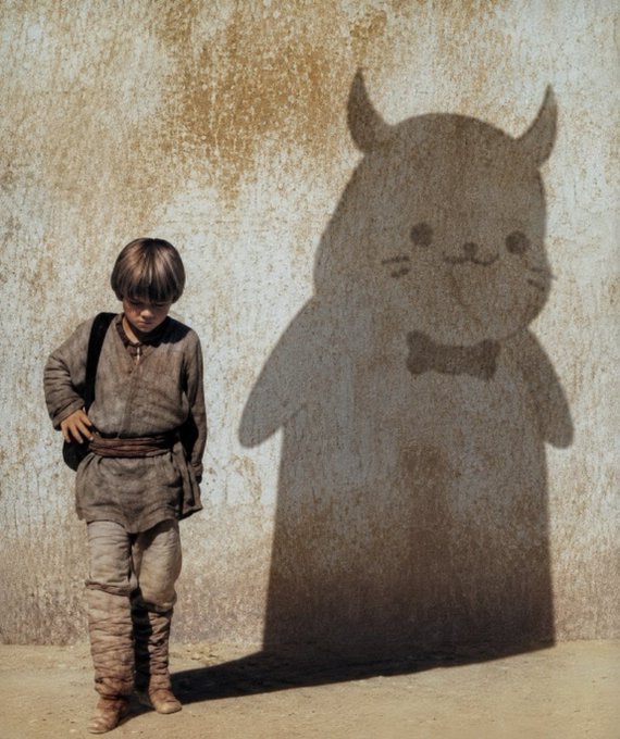 A young child in worn gray clothing stands against a textured tan wall, casting a whimsical shadow shaped like a smiling cat with horns and a bow tie.