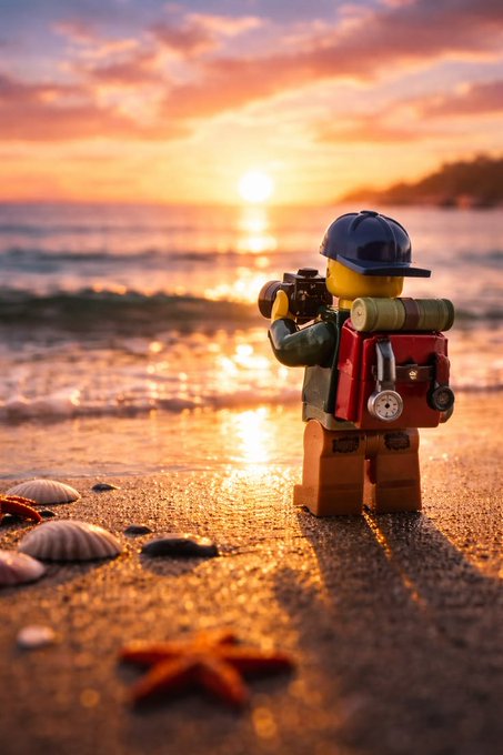 A toy figure wearing a blue cap and a red backpack stands on a sandy beach at sunset, holding a camera and facing the ocean.