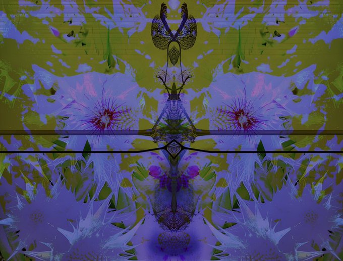 Symmetrical kaleidoscopic mirrored image featuring purple and yellow floral elements, resembling cornflower blooms, arranged in an abstract pattern.
