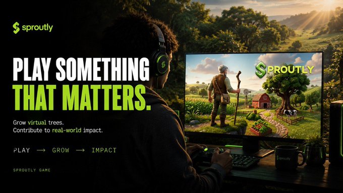A promotional banner for 'Sproutly' game with the tagline 'PLAY SOMETHING THAT MATTERS,' showing a gamer playing a farming/simulation game that features growing virtual trees for real-world impact.