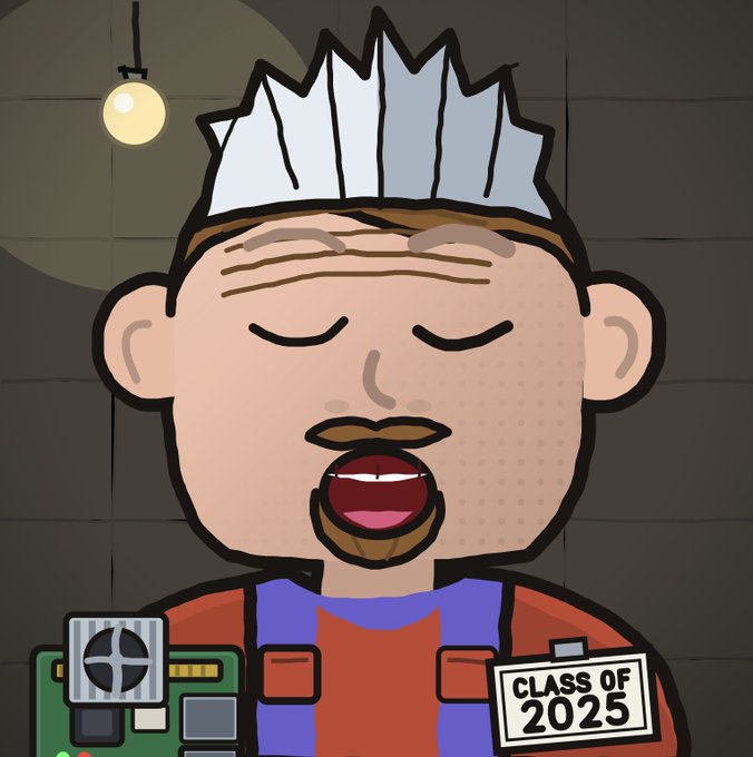 A cartoon-style illustration of a man with a light blue spiky hair, a goatee, and closed eyes, wearing a red shirt under a blue vest; a device displaying 'CLASS OF 2025' is visible at the bottom right.