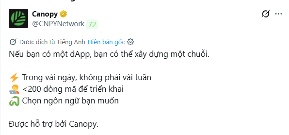 A tweet from Canopy (@CNPYNetwork) about building a pipeline in hours, under 200 lines, in any language, powered by Canopy.