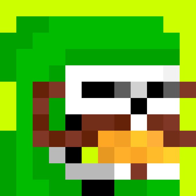 A pixel art image depicting a stylized figure resembling a Native American character with a green headdress and a feather, rendered in blocky colors.