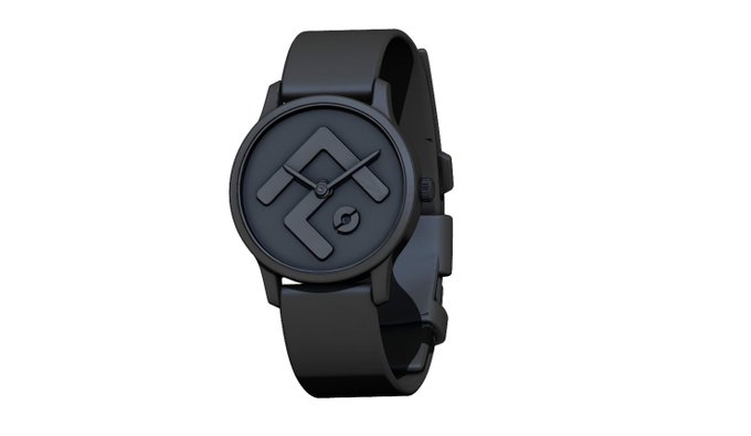 A sleek black wristwatch with a geometric logo design on its face, displayed against a white background. The watch's minimalist, timekeeping symbolism contrasts with the post's message about on-chain transaction history revealing trading strategies over time, both highlighting how persistent records—whether of time or financial activity—can be observed and analyzed by others.