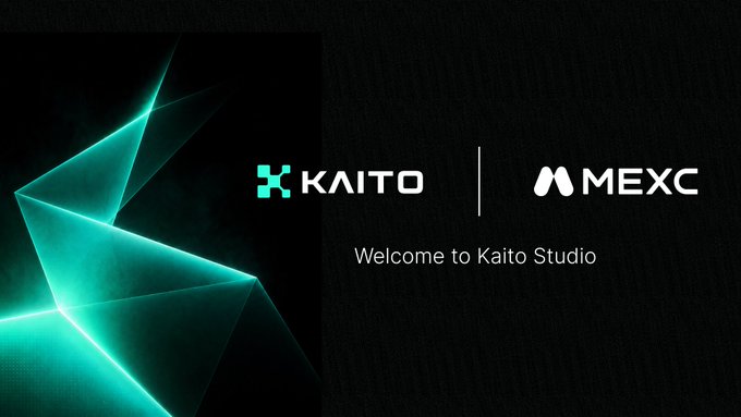 A promotional image for Kaito Studio featuring a stylized teal geometric logo on the left with the text 'KAITO | MEXC' and 'Welcome to Kaito Studio' displayed against a dark background.