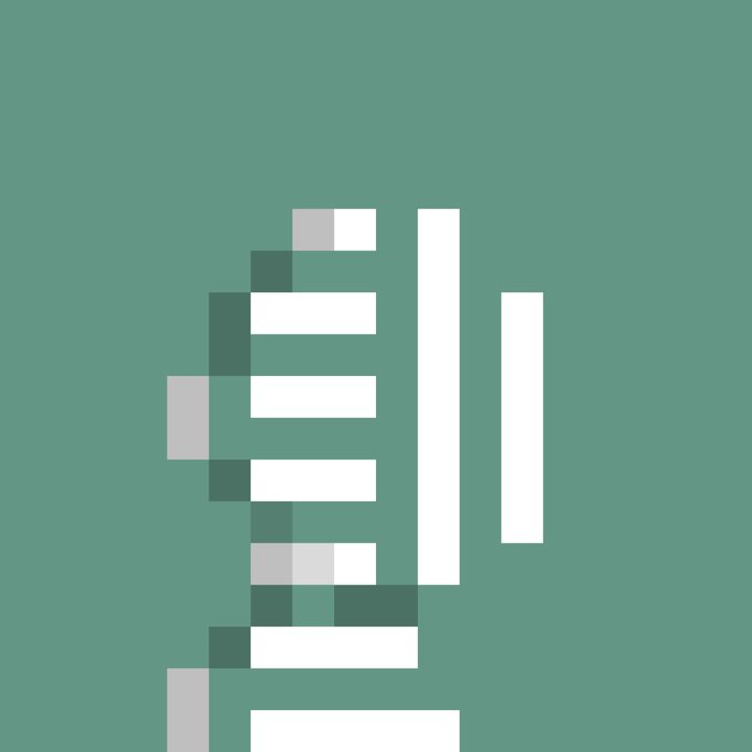 A pixel art design on a sage green background depicting a stack of white books or documents with green and gray accents.