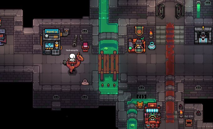 A pixel-art dungeon crawler game scene showing a character in a chef hat battling a creature, with toxic green waterways running through a stone fortress environment.