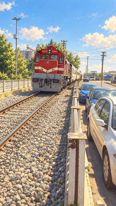 A red and white train traveling on tracks alongside a road with parked cars and moving traffic under a blue sky with scattered clouds.