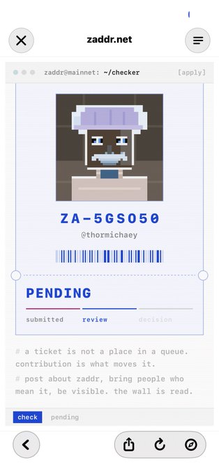 A screenshot from zaddr.net showing a pending ticket with a pixel art chef avatar, assigned ID ZA-5GS050 for user @thormichaey, displaying a barcode and instructions about contribution-based queue movement.