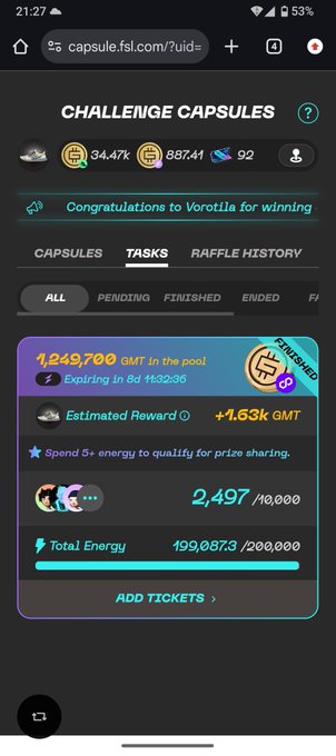 A mobile app screenshot shows 'CHALLENGE CAPSULES' with 1,249,700 GMT in the pool, displaying tasks to spend energy for prize sharing with 2,497/10,000 tickets and 199,087.3/200,000 total energy.
