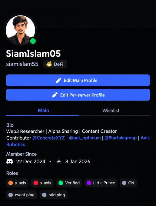 A Discord profile page for 'SiamIslam05' (siamislam55) with DeFi role, listing bio as 'Web3 Researcher | Alpha Sharing | Content Creator' and various roles including y-axis, x-axis, Verified, Little Prince, and CN.