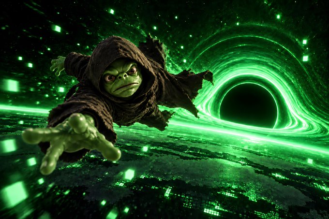 A green-skinned, hooded goblin-like creature reaches out urgently toward the viewer as it falls toward a glowing green digital wormhole.

The image ties to the "Only the strongest memes survive" caption by depicting the creature desperately clinging to survival as it plunges into an inescapable digital abyss—a fitting visual metaphor for how memes either endure or get swallowed by the void of internet obscurity.