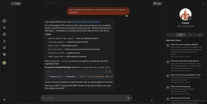 Screenshot of a chat interface featuring 'Clawd' bot discussing a remote MCP server (https://musebook.e402.ifai.mcp) with details about Cloudflare HTTP streaming, agent endpoints, and a config snippet for Claude Desktop, with an 'Approvals history' panel on the right.