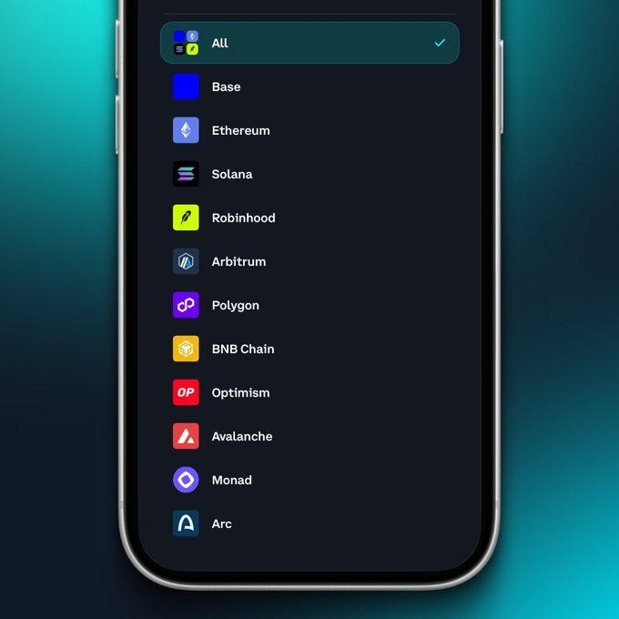 A smartphone screen displaying a menu of various blockchain networks, with 'All' selected at the top, followed by Base, Ethereum, Solana, Robinhood, Arbitrum, Polygon, BNB Chain, Optimism, Avalanche, Monad, and Arc.