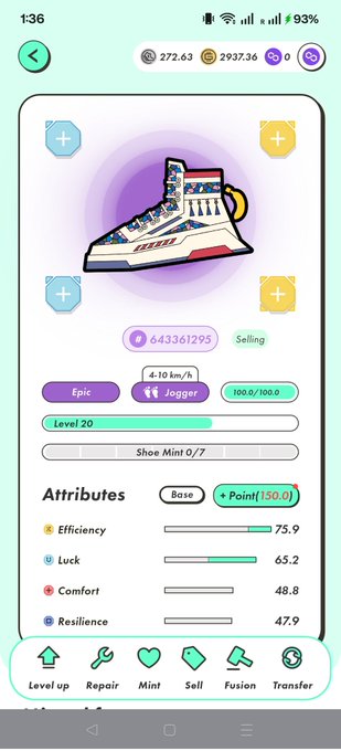 A mobile app screen displaying an Epic rarity sneaker NFT called "Jogger" listed for sale at 643361295, showing Level 20, Jogger type with 4.10 km/h speed, and attributes including Efficiency 75.9, Luck 65.2, Comfort 48.8, and Resilience 47.9.
