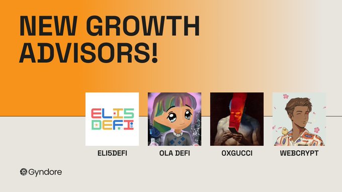 An orange promotional graphic titled 'NEW GROWTH ADVISORS!' for Gyndore, featuring four advisor profiles: ELISDEFI, OLA DEFI, OXGUCCI, and WEBCRYPT.