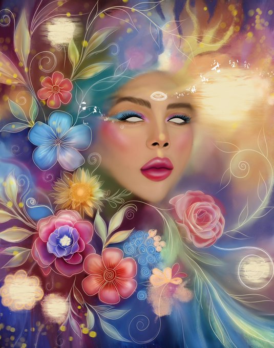 A vibrant digital painting of a serene woman with closed eyes and a third-eye symbol on her forehead, surrounded by colorful flowers including roses and sunflowers against a swirling cosmic background.