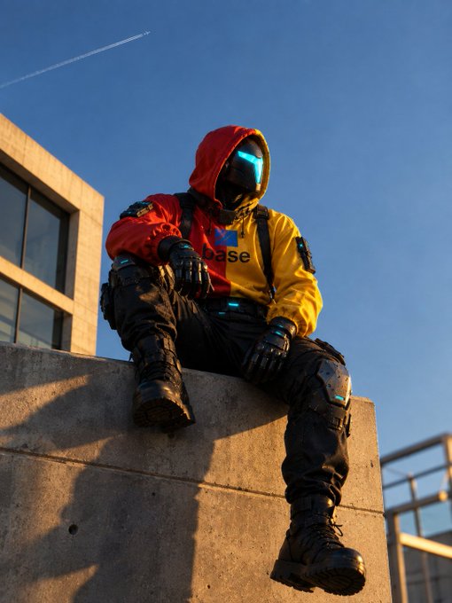 A character in a red and yellow hoodie with a blue visor sits on a concrete ledge overlooking a city, wearing tactical gear and combat boots under a clear blue sky.