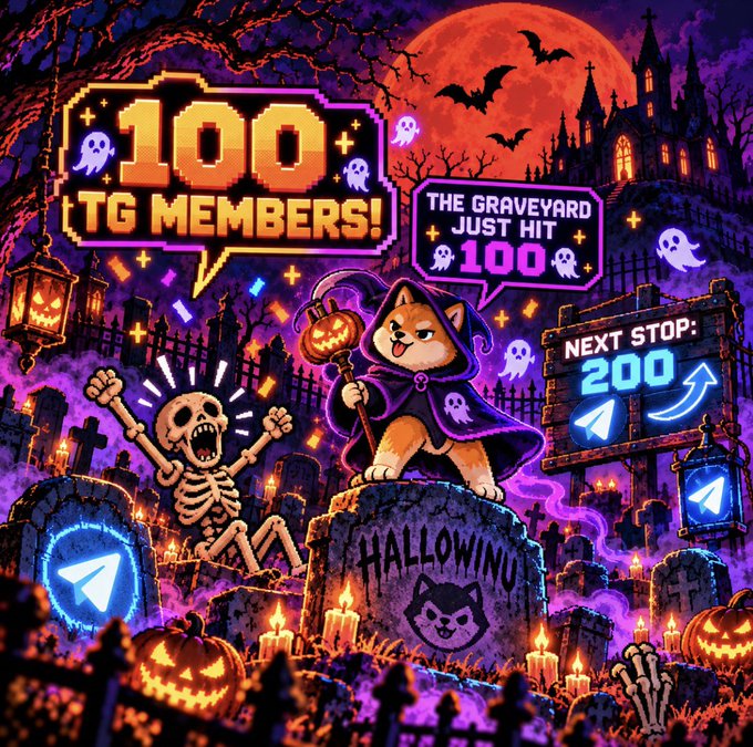 A Halloween-themed pixel art graphic celebrates "100 TG MEMBERS!" and announces "THE GRAVEYARD JUST HIT 100," featuring a cat in a cloak, a skeleton, and text pointing to "NEXT STOP: 200".