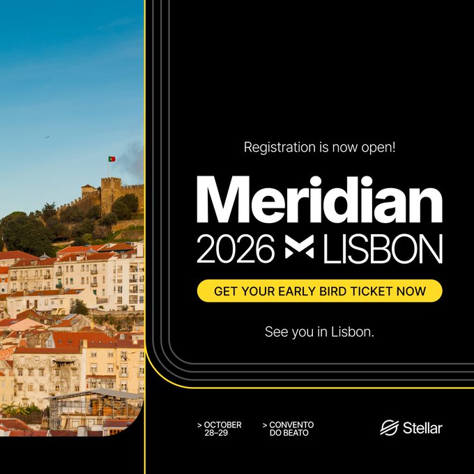 A promotional graphic for the Meridian 2026 conference in Lisbon on October 28-29 at Convento do Beato, hosted by Stellar, with an image of a Portuguese castle and cityscape on the left.