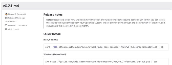 A GitLab release page for version v0.2.1-rc4 by Richard T. Cahblah, noting Microsoft and Apple developer accounts aren't yet activated, with Quick Install curl commands for macOS/Linux and Windows PowerShell.