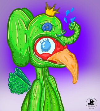 A cartoon green bird-like creature wearing a small gold crown smiles gleefully while pointing upward, with a second blue crown floating above its head. The image, signed "Blakethelion," visually celebrates the excitement of winning, matching the post's elation over winning multiple $ALGO crypto NFT raffles.