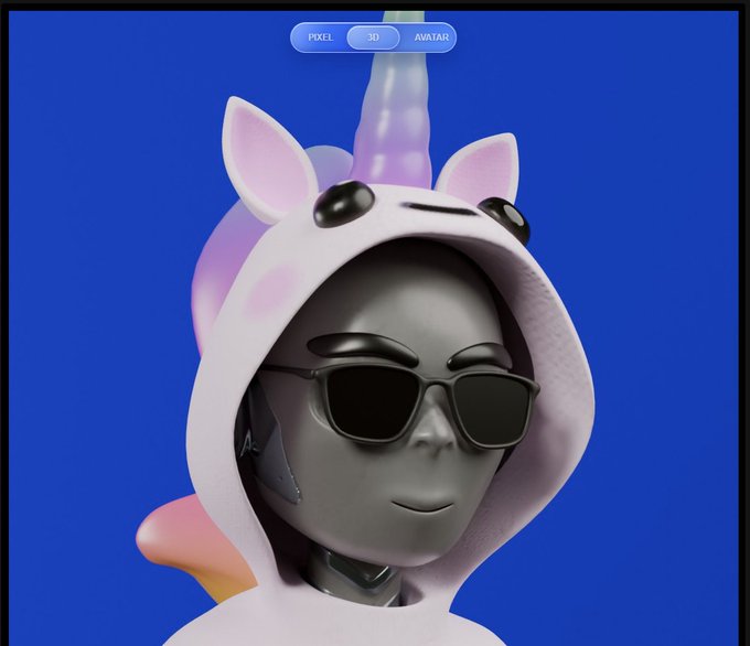 A 3D avatar character wearing a pink-spotted unicorn hoodie and sunglasses is displayed against a blue background, with a toggle menu at the top showing "PIXEL," "3D," and "AVATAR" options—demonstrating the new 3D avatar feature for TrenchtownNFT.