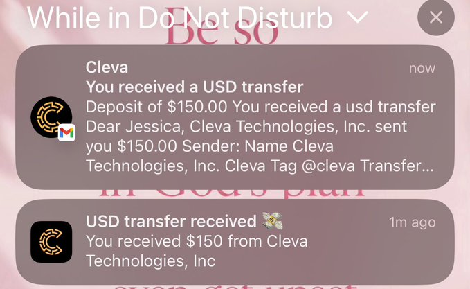 A smartphone notification screenshot from the Cleva app showing two notifications about received USD transfers of $150.00 from Cleva Technologies, Inc., with 'While in Do Not Disturb' displayed at the top.