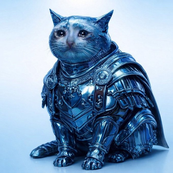 A blue-tinted cat wearing ornate knight armor sits against a soft blue background, embodying the regal and battle-ready mascot associated with the $cashcat memecoin mentioned in the post. The armored feline symbolizes the "established memes" ready to defend and conquer the crypto market back to all-time highs.