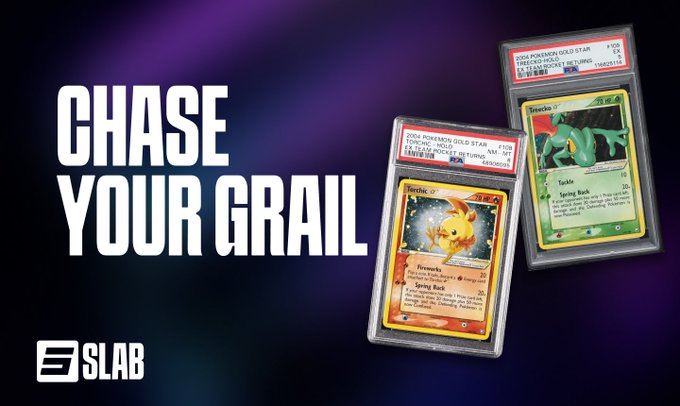The image shows two Pokemon cards placed side by side against a purple background with white text that reads "Chase Your Grail" followed by "your grail". The cards are displayed prominently in the center of the image, drawing attention to their value and rarity.