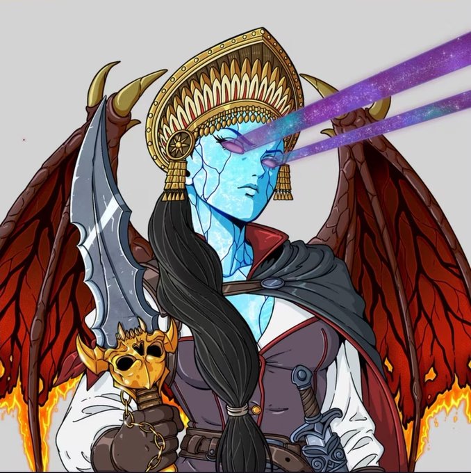 A digital illustration of a fantasy character with blue crystalline skin, wearing an ornate golden headdress, holding a skull-adorned sword, with red demon wings and shooting purple and pink laser beams from her eyes.
