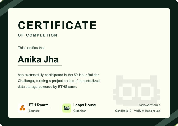 A 'Certificate of Completion' awarded to Anika Jha for participating in the 50-Hour Builder Challenge on decentralized data storage powered by ETHSwarm, organized by Loops House.