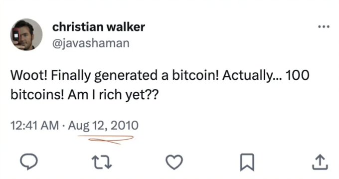 A tweet from Christian Walker (@javashaman) dated August 12, 2010, excitedly announces "Woot! Finally generated a bitcoin! Actually... 100 bitcoins! Am I rich yet??"—a post that perfectly captures early Bitcoin mining enthusiasm and is humorously relevant to the comment wondering whether he held onto those 100 BTC through Bitcoin's massive price appreciation over the following years.