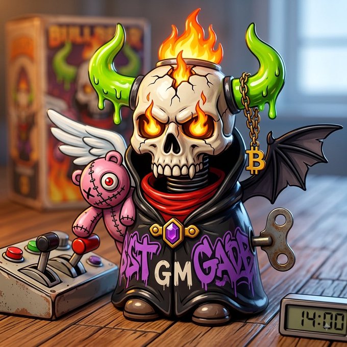 A vibrant digital illustration of a horned skull toy wearing a black coat with purple graffiti, holding a Bitcoin, with a stitched voodoo bear, bat wings, and joystick in the background on a wooden desk next to a clock reading 14:00.