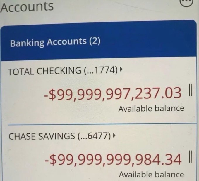 A screenshot of Chase banking app showing astronomical negative balances: "TOTAL CHECKING (...1774)" at -$99,999,997,237.03 and "CHASE SAVINGS (...6477)" at -$99,999,999,984.34, both labeled as "Available balance," reflecting the user's frustration with massive losses likely tied to the meme stock/short squeeze trading activity.