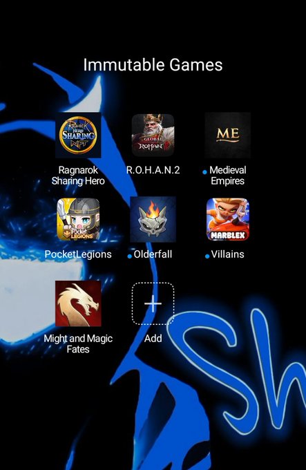 A mobile screen titled 'Immutable Games' displaying a grid of game icons including Ragnarok Sharing Hero, R.O.H.A.N.2, Medieval Empires, PocketLegions, Olderfall, Marblex Villains, and Might and Magic Fates, plus an 'Add' option.