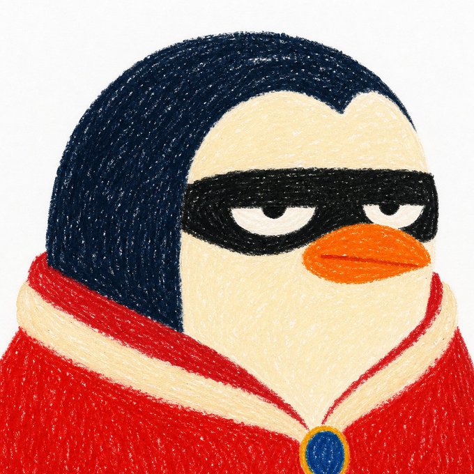 A hand-drawn, embroidered-style penguin wearing a black mask and a red superhero cape with a blue gemstone clasp. The caption reads: "Little Worlds #132 was sold for Ξ0.00570 ETH ($14) from: 0x59d...7e58 to: 0x8fb...f2cb collection: Little Worlds: Portrait." The masked, cape-wearing penguin reflects the playful, anthropomorphic portrait style characteristic of the Little Worlds NFT collection.