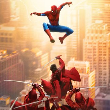 An action scene showing Spider-Man leaping through the air above a group of red-clad ninja warriors wielding swords, with a cityscape in the background.