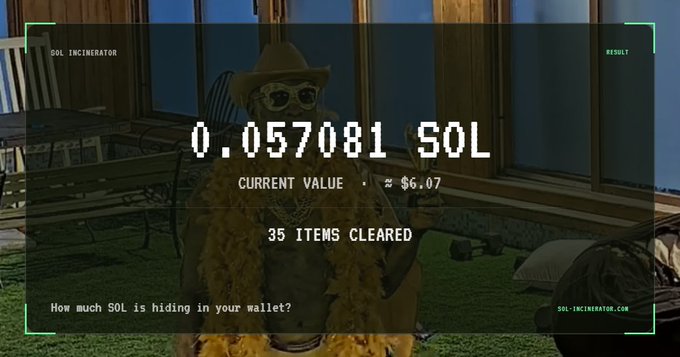 A results screen displays "0.057081 SOL" with a "CURRENT VALUE ≈ $6.07" and "35 ITEMS CLEARED" for the "SOL INCINERATOR" tool.