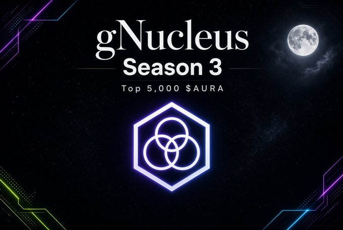 A promotional graphic with a dark, starry background featuring the text 'gNucleus Season 3' and 'Top 5,000 $AURA,' centered around a glowing purple hexagonal logo.
