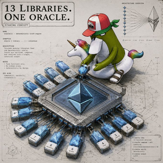 The image displays a stylized technical diagram titled "13 LIBRARIES. ONE ORACLE." featuring a Pepe-like character in a red cap riding a unicorn above an Ethereum logo surrounded by 13 numbered library modules, with annotations describing a "STAKING CONCEPT" oracle compos(1).verify(1).consensus(1).

This visual supports the post by illustrating how the $FYP project creates a unified, deterministic output from multiple modular libraries—a sophisticated infrastructure approach that the tweet argues remains undervalued given its founder's deep Ethereum foundation background.
