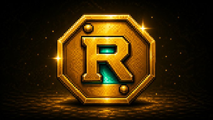 A digital illustration shows a shiny gold octagonal coin with a stylized letter 'R' in green and gold, set against a dark background with sparkles.