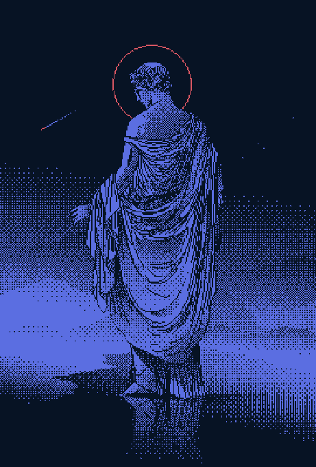 A pixel art style digital illustration of a statue draped in cloth with a red halo around its head, standing on a pedestal against a dark blue and purple background.