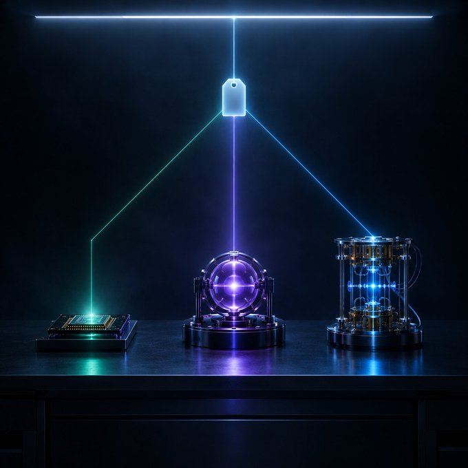 A dark futuristic setup shows a suspended glowing device connected by blue and green beams to three illuminated devices on a tabletop.