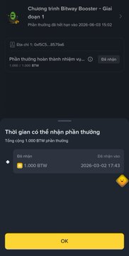 Vietnamese-language Bitway Booster app interface showing a Giai đoạn 1 reward claim screen for 1,000 BTW tokens with an OK button.