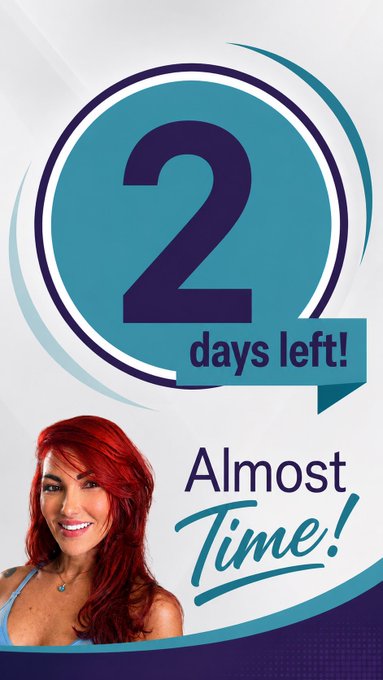 A promotional countdown graphic showing "2 days left! Almost Time!" with a smiling woman with red hair, designed to build anticipation for an upcoming reveal of a full crypto trading portfolio and moonshot token picks.