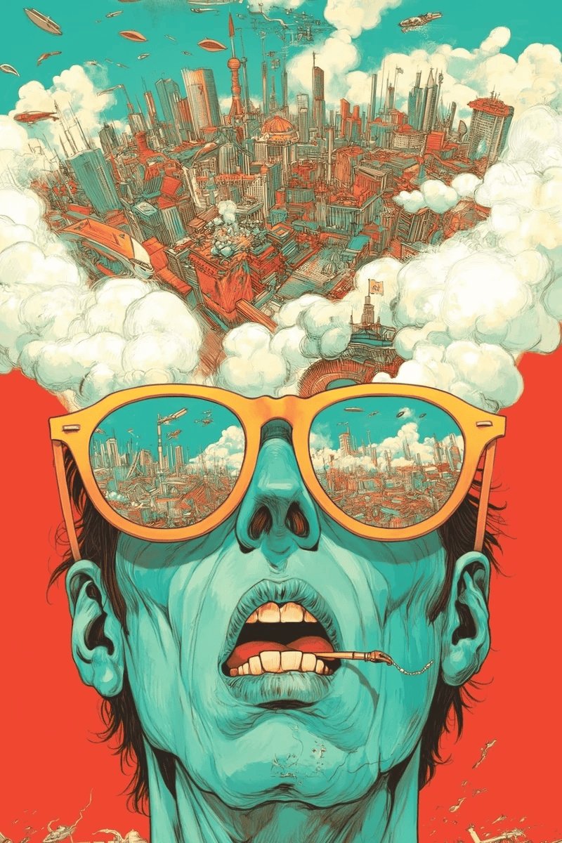 The image features a man's face wearing yellow sunglasses, which are positioned over his eyes as if they were looking into a city skyline or a futuristic cityscape. The man appears to be smoking a cigarette while wearing these sunglasses, giving off an impression of a futuristic or cyborg-like appearance. The background is a gradient of colors that blend together, creating a sense of depth and complexity in the scene. The image also contains text that reads "Synaptic Overload" and "First Wave", which could be related to the post's theme of exploring the intersection between technology and consciousness.